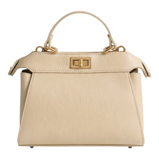 Lala Collection beige genuine Italian leather handbag with a gold twist lock and top handle.