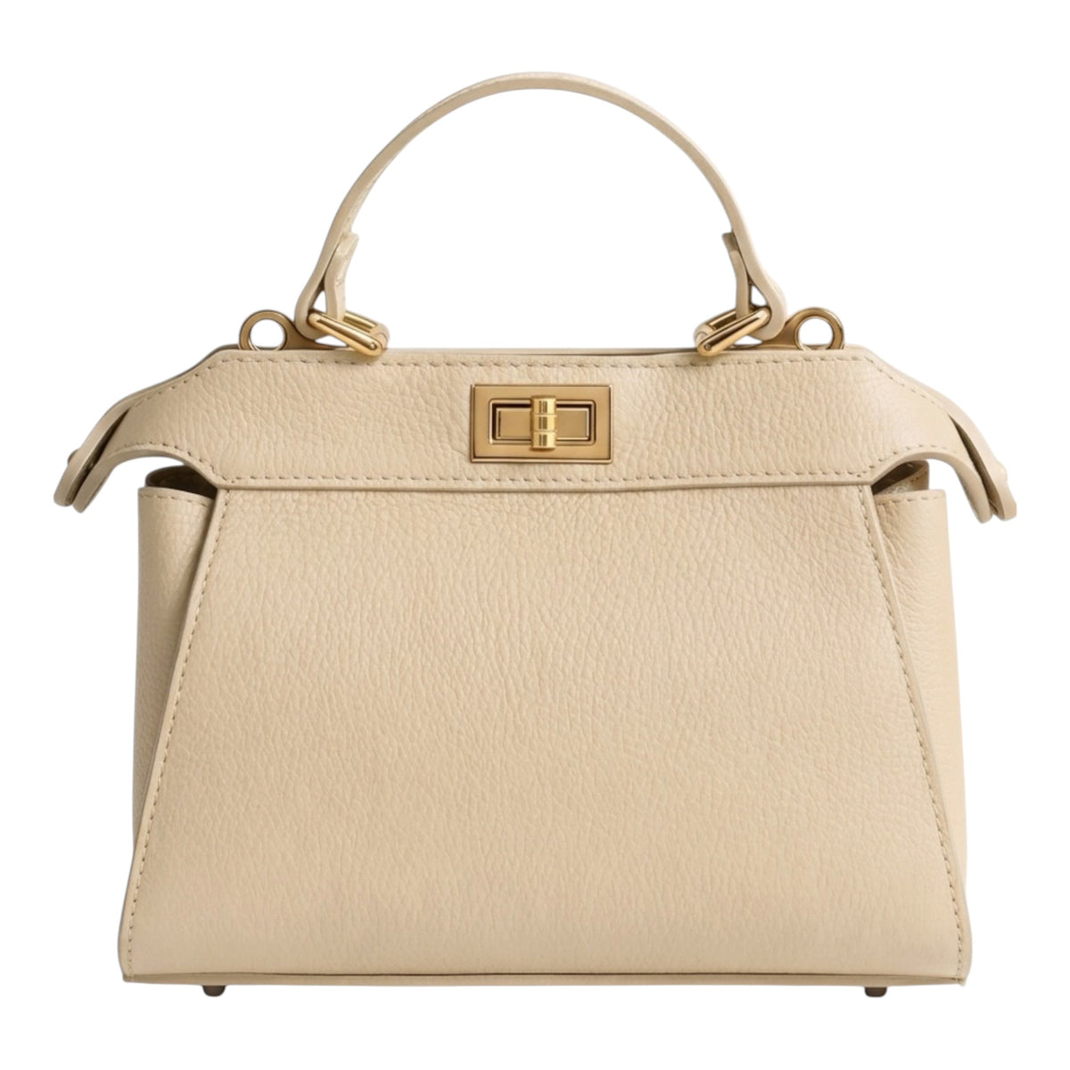 Lala Collection beige genuine Italian leather handbag with a gold twist lock and top handle.
