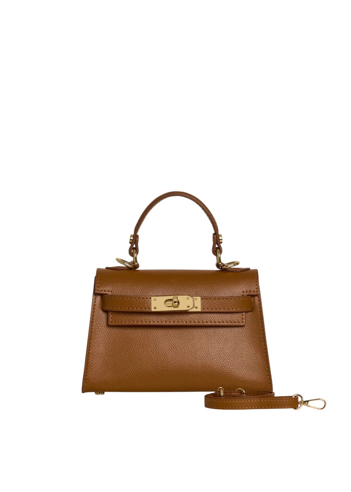 Lala Collection brown leather mini handbag with gold hardware, top handle, and adjustable shoulder strap.