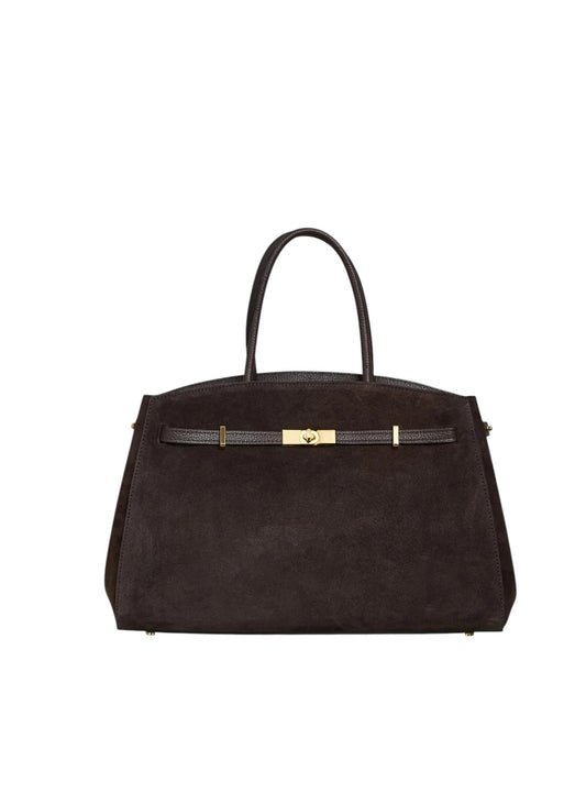 Lala Collection dark brown suede leather tote bag with gold hardware and adjustable strap