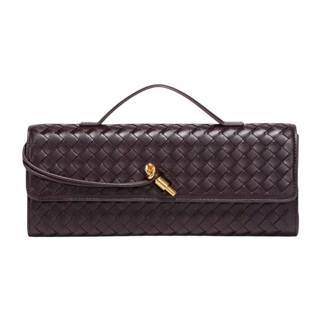 Lala Collection dark brown vegan leather baguette bag with hand-woven texture and gold knot hardware detail.