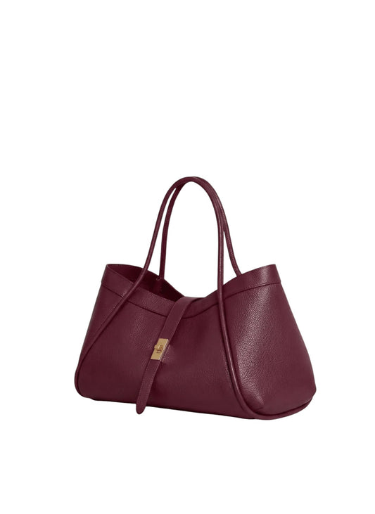 Lala Collection PAULINA burgundy Italian leather tote bag with gold twist lock closure and shoulder straps