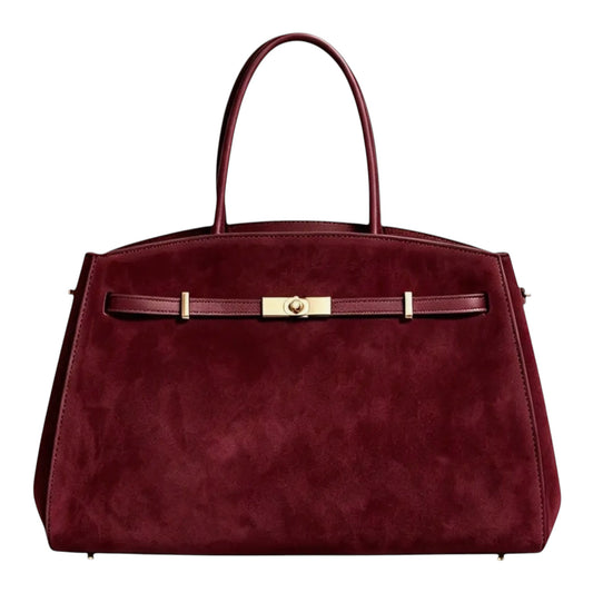 Lala Collection burgundy suede leather tote bag with gold hardware and top handles, handcrafted in Italy.