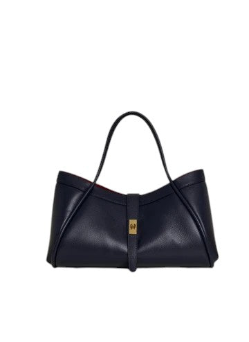 Lala Collection PAULINA navy blue Italian leather tote bag with gold twist lock and red interior lining