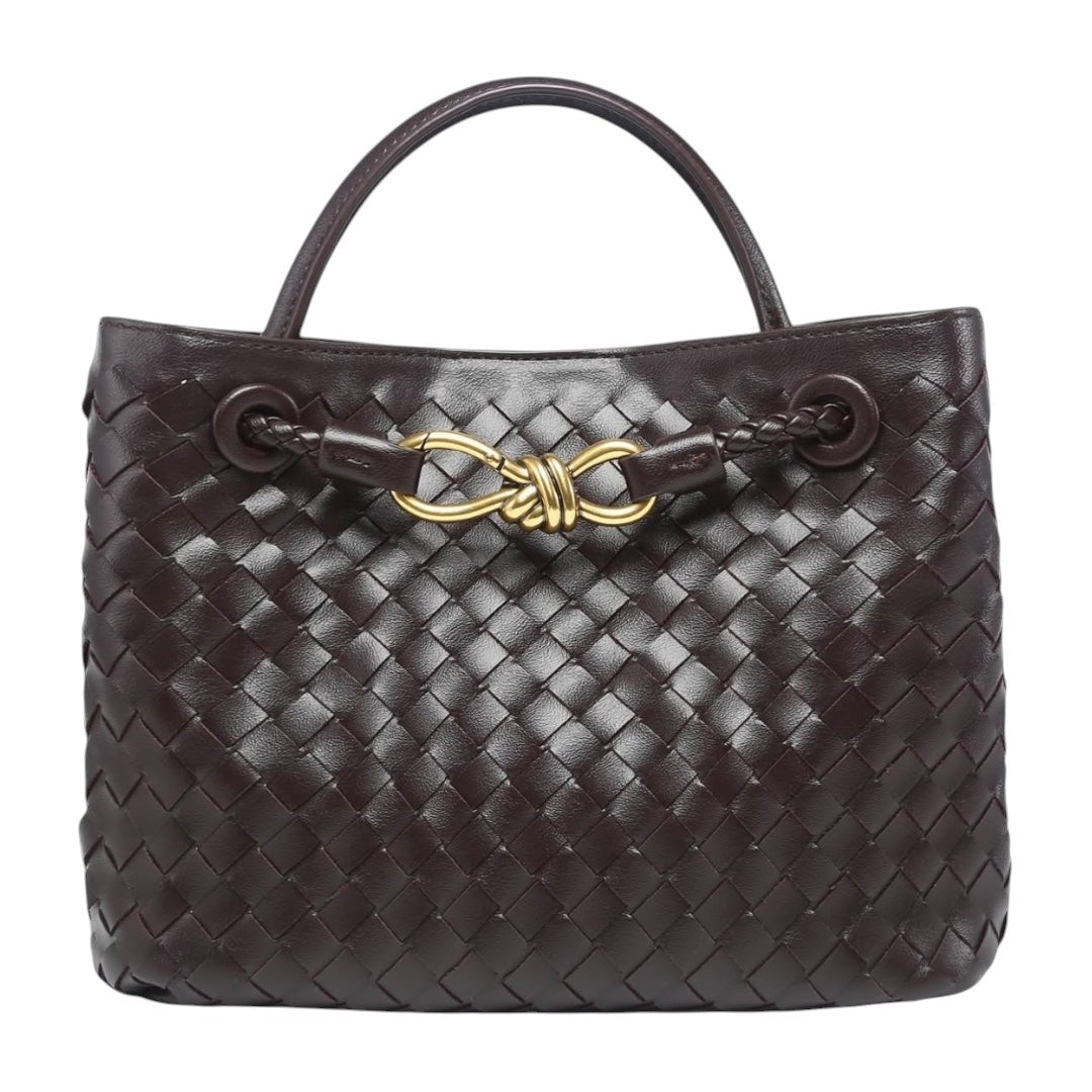 Lala Collection dark brown hand-woven vegan leather handbag with gold hardware and magnetic knot closure