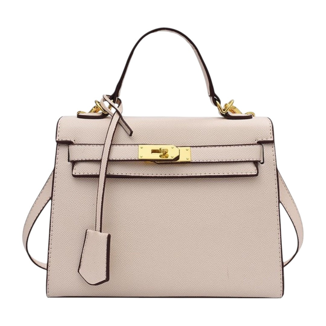Lala Collection classic beige faux leather handbag with gold hardware, top handle, and removable shoulder strap.