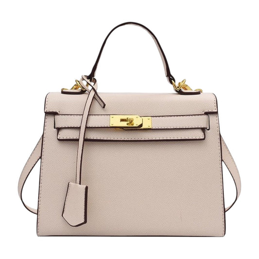Lala Collection classic beige faux leather handbag with gold hardware, top handle, and removable shoulder strap.