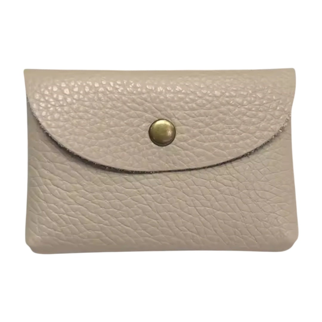Lala Collection compact beige genuine leather card holder with a gold-tone snap button closure