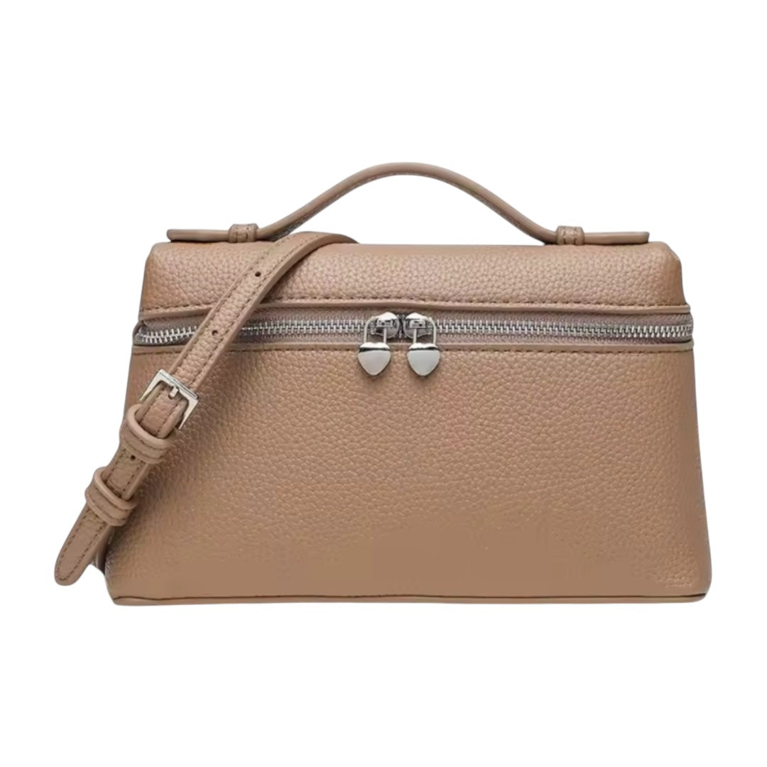 Lala Collection beige leather mini bag with top handle, adjustable shoulder strap, and silver heart-shaped zipper pull
