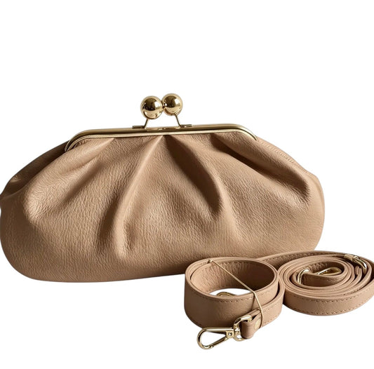Lala Collection beige Italian leather Pouff Bag with gold clasp and two detachable shoulder straps