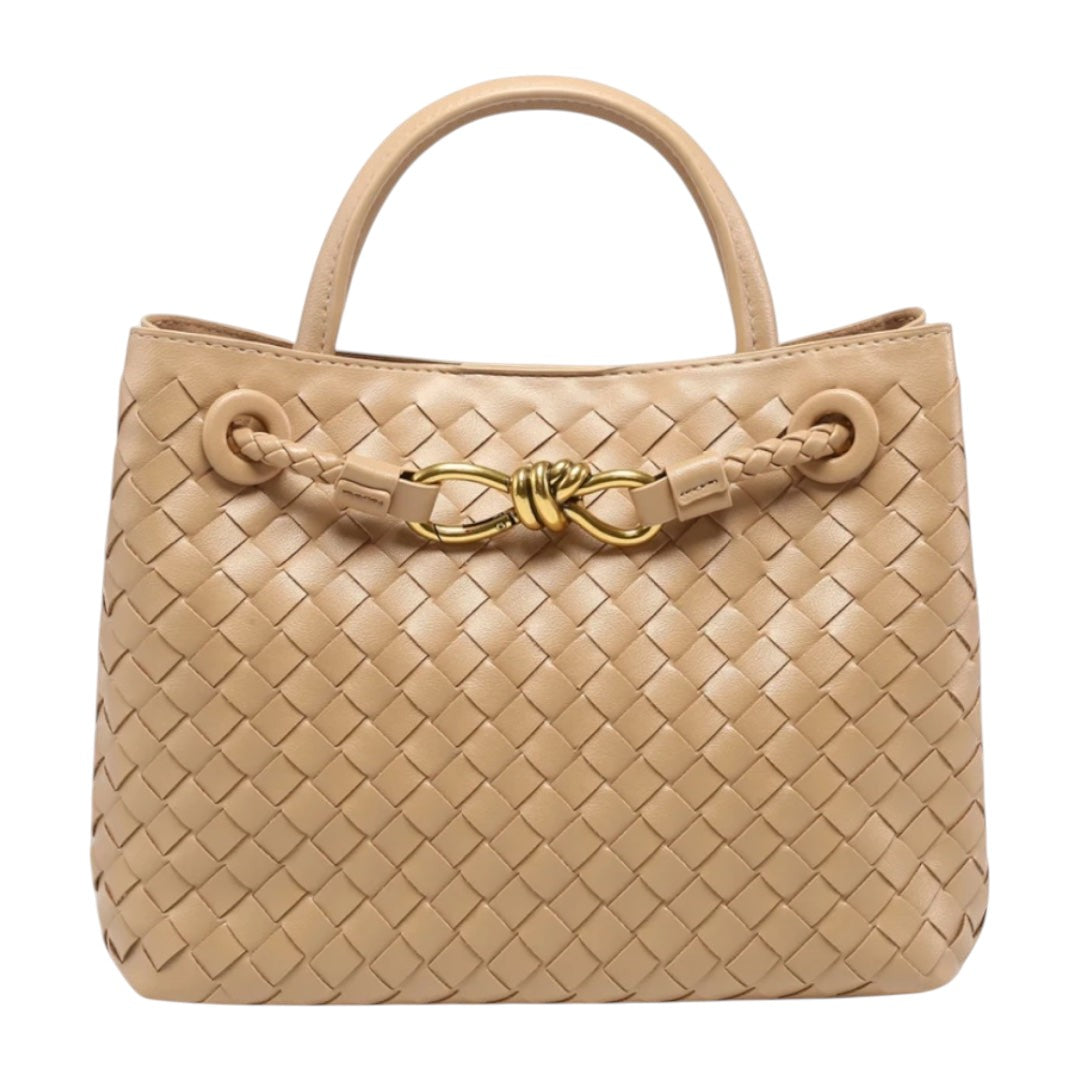 Lala Collection beige vegan leather handbag with hand-woven texture and gold hardware detail