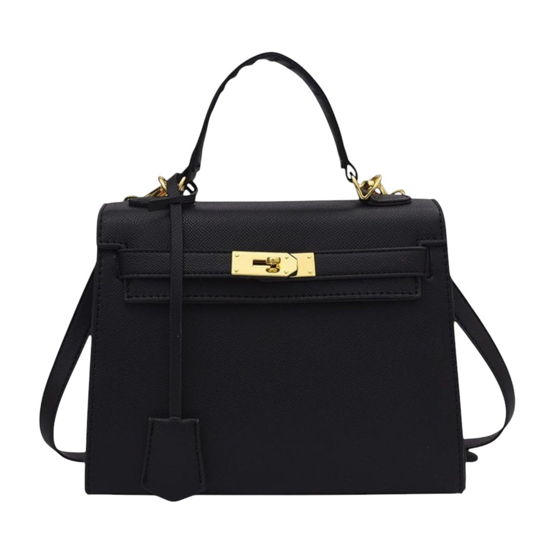 Lala Collection black faux leather handbag with gold hardware, top handle, and removable shoulder strap