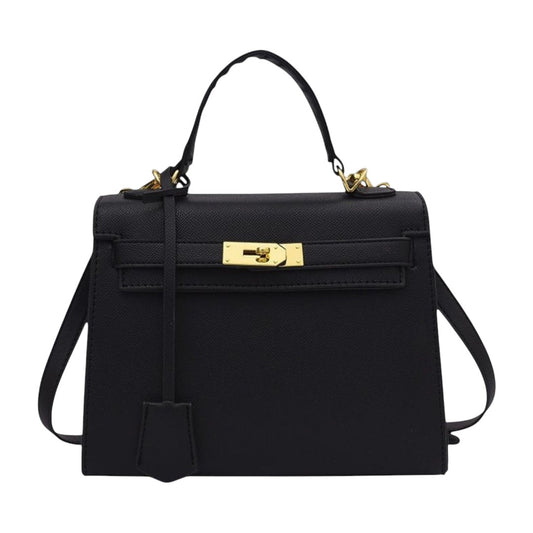 Lala Collection black faux leather handbag with gold hardware, top handle, and removable shoulder strap