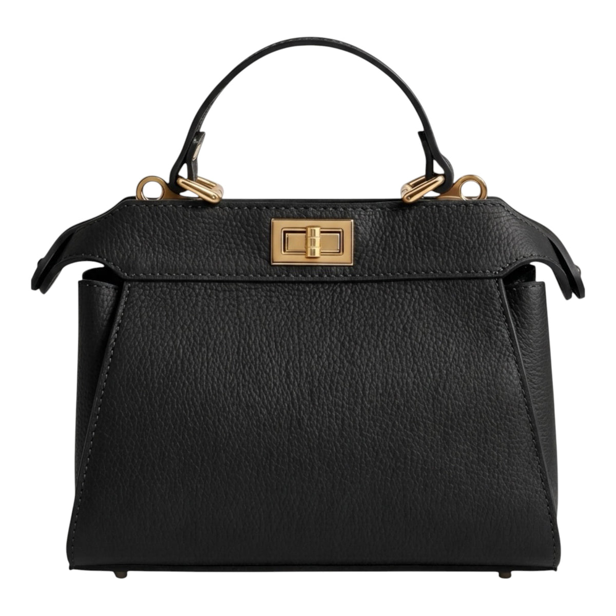 Lala Collection black genuine Italian leather handbag with a gold twist lock closure and top handle.