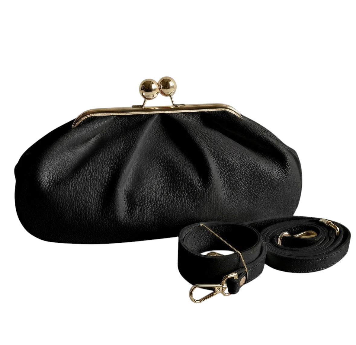 Lala Collection black Italian leather Pouff Bag with gold clasp and two detachable shoulder straps