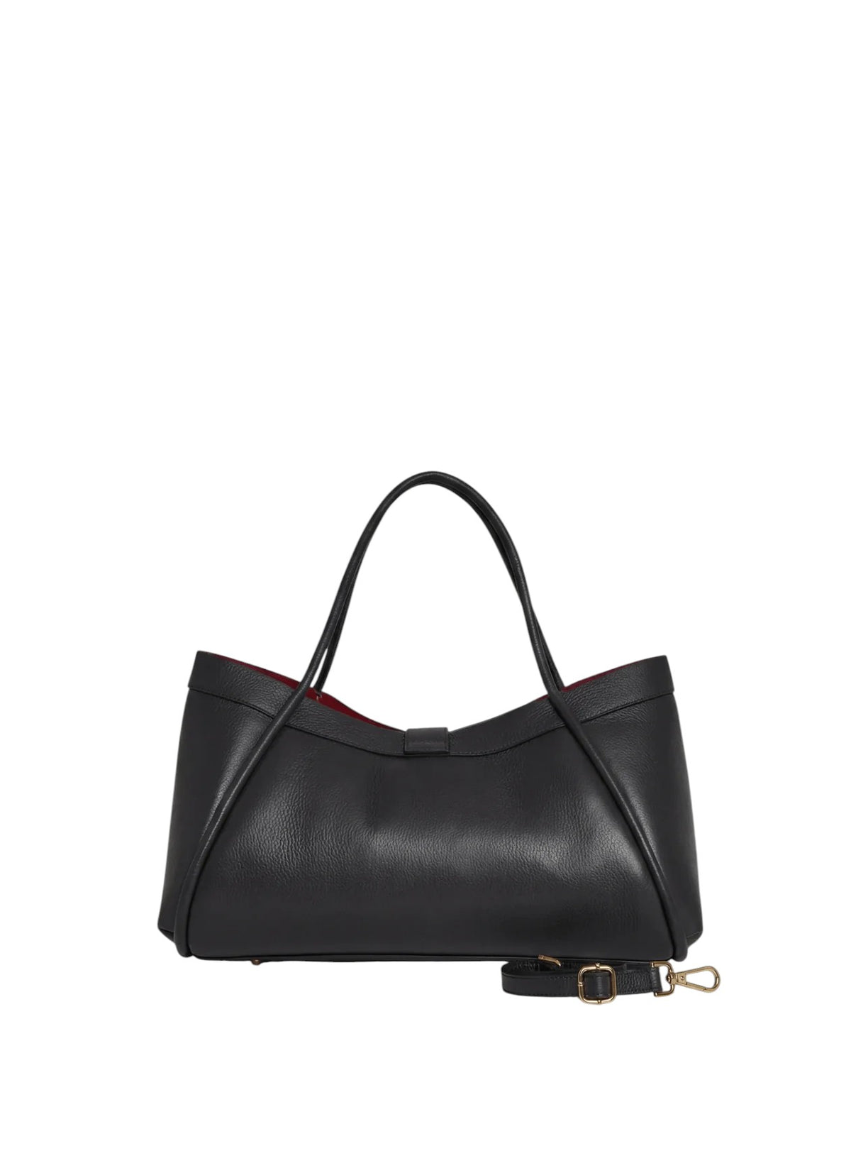 Lala Collection black Italian leather tote bag with gold hardware and red interior lining