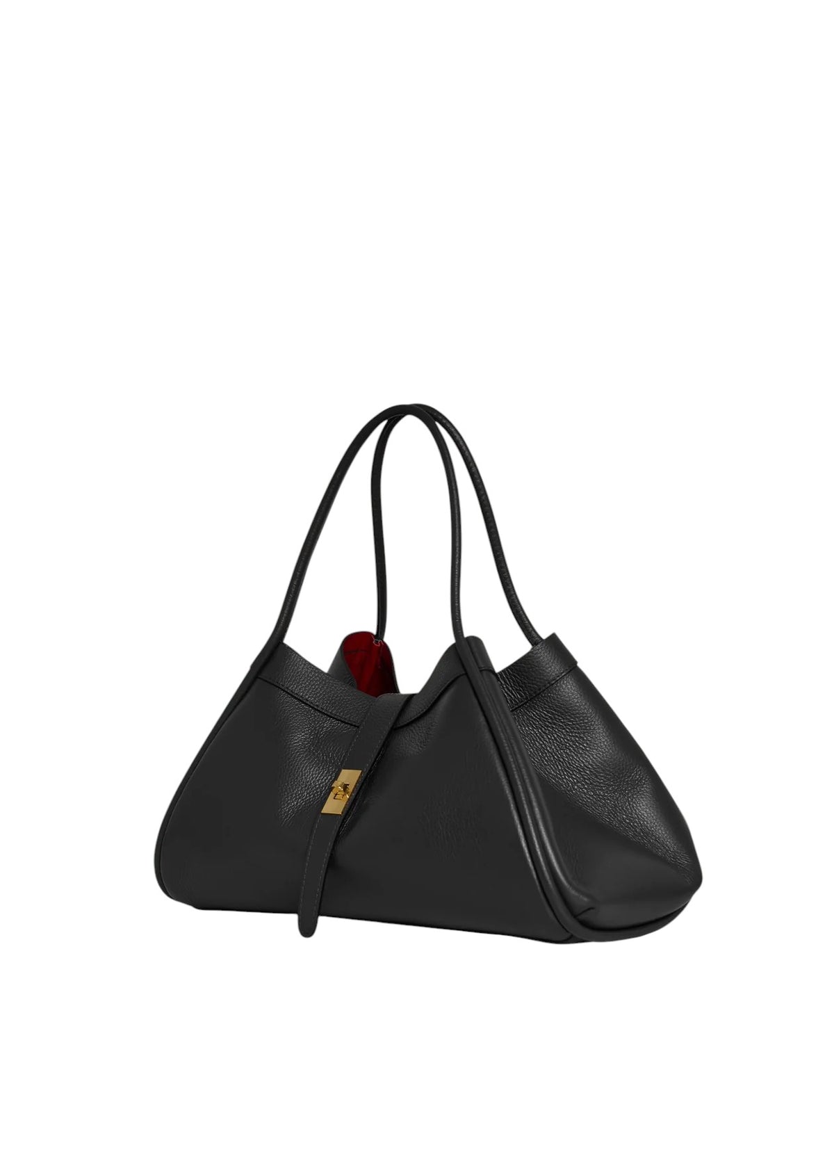 Lala Collection Paulina black Italian leather tote bag with gold hardware and red interior lining