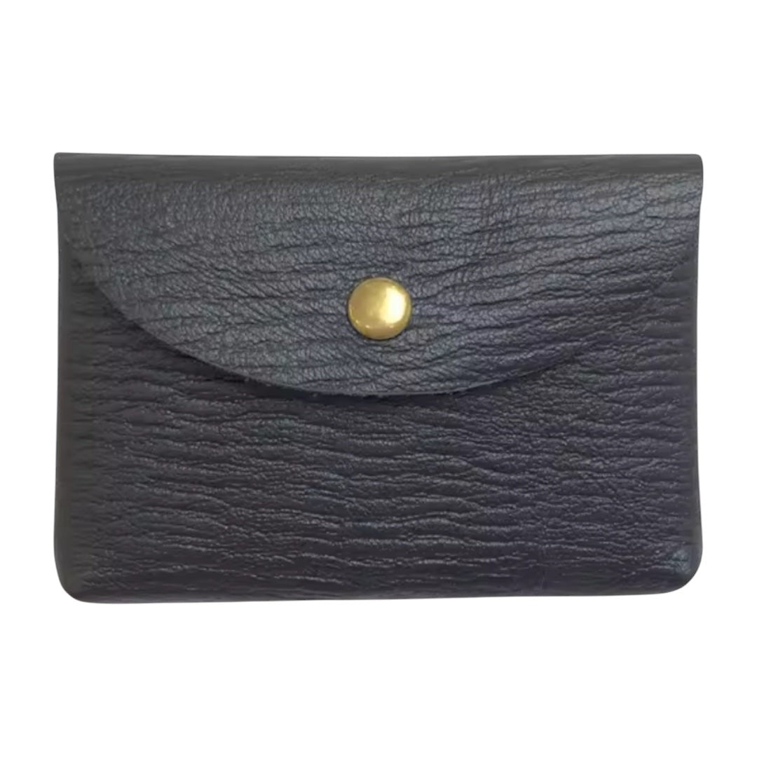 Lala Collection handcrafted black genuine bovine leather wallet with a gold snap button closure.
