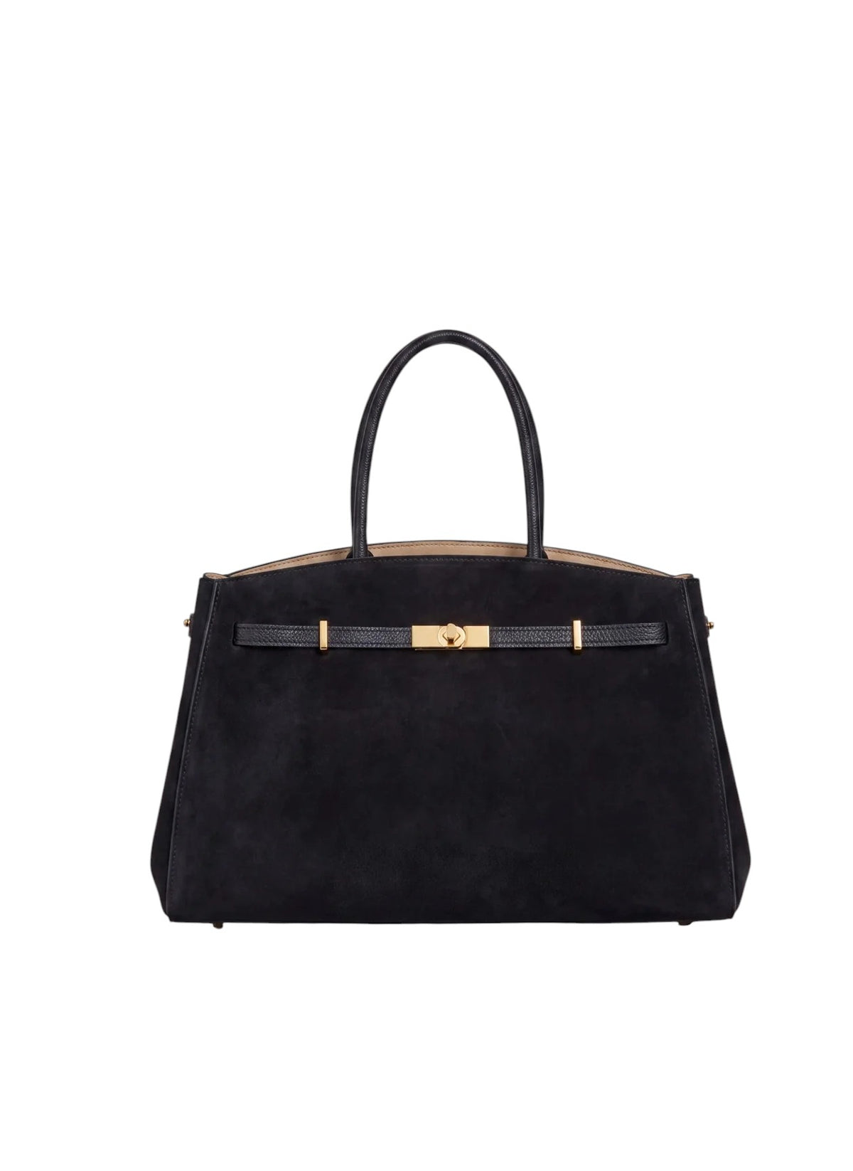 Lala Collection black suede leather tote bag with gold hardware, top handles, and a secure clasp closure.