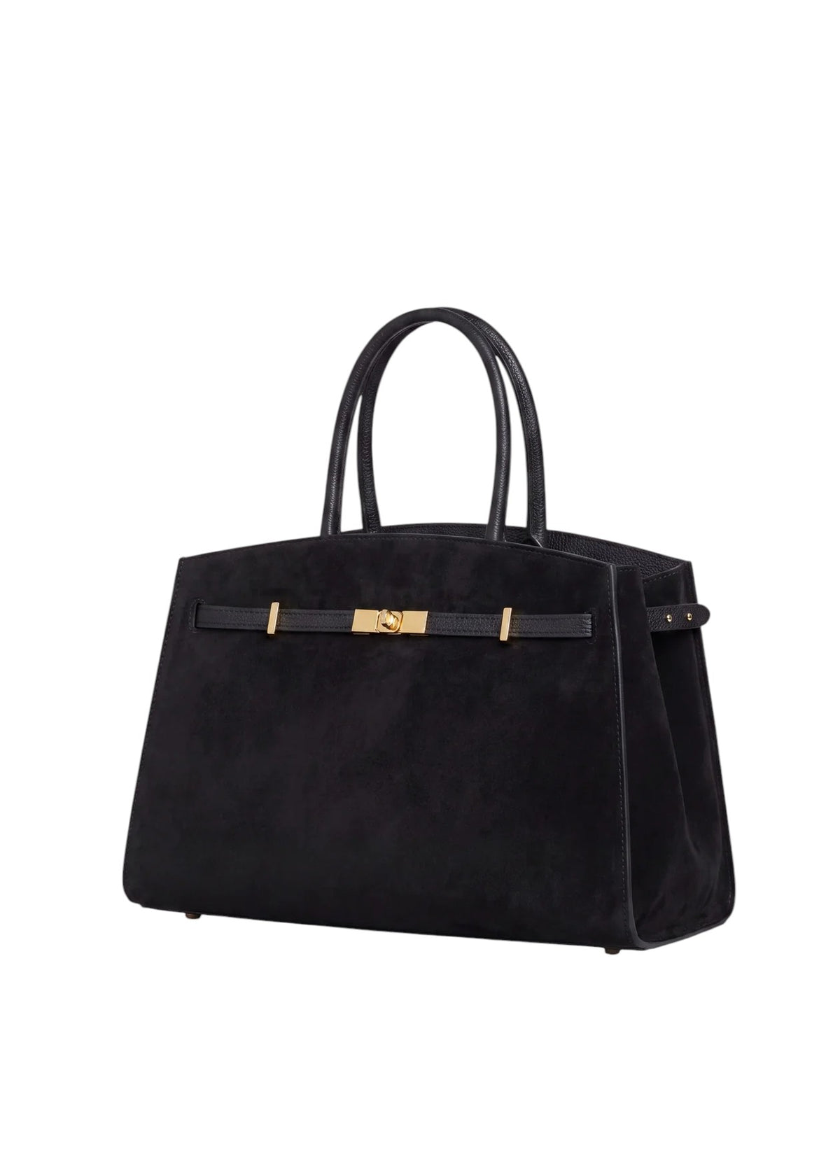 Lala Collection black suede leather tote bag with gold hardware and top handles, handcrafted in Italy.