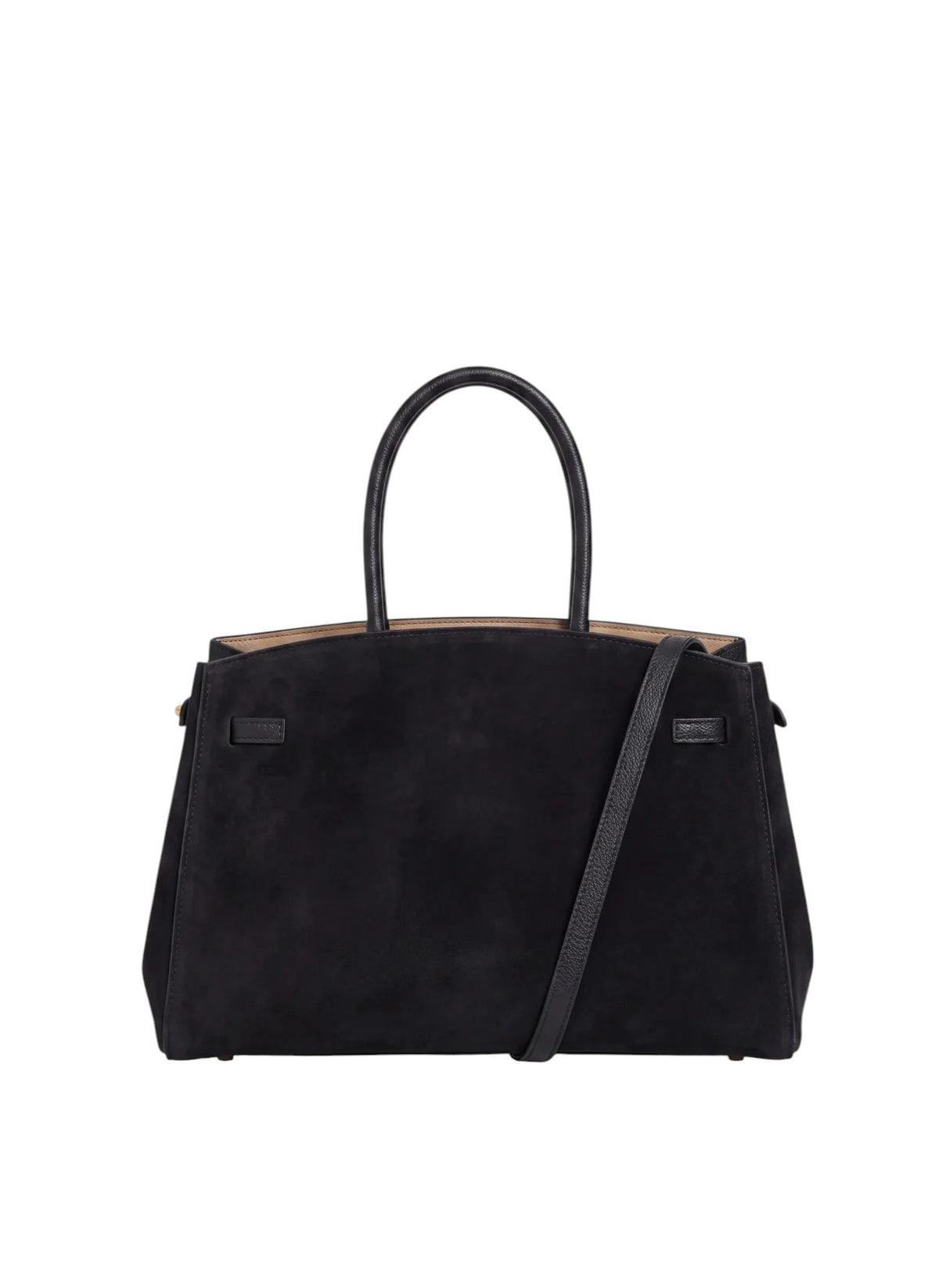 Lala Collection black suede leather tote bag with gold hardware, top handles, and an adjustable shoulder strap.