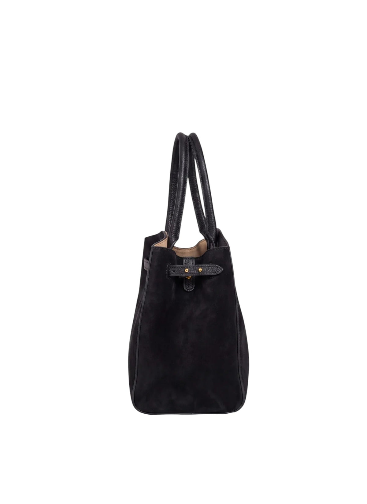 Lala Collection black suede leather tote bag with gold hardware and adjustable strap, side view