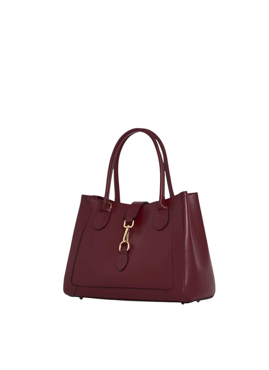 Borsa tote Lala Collection Gilda in vera pelle spazzolata bordeaux con dettagli in metallo dorato e manici rigidi