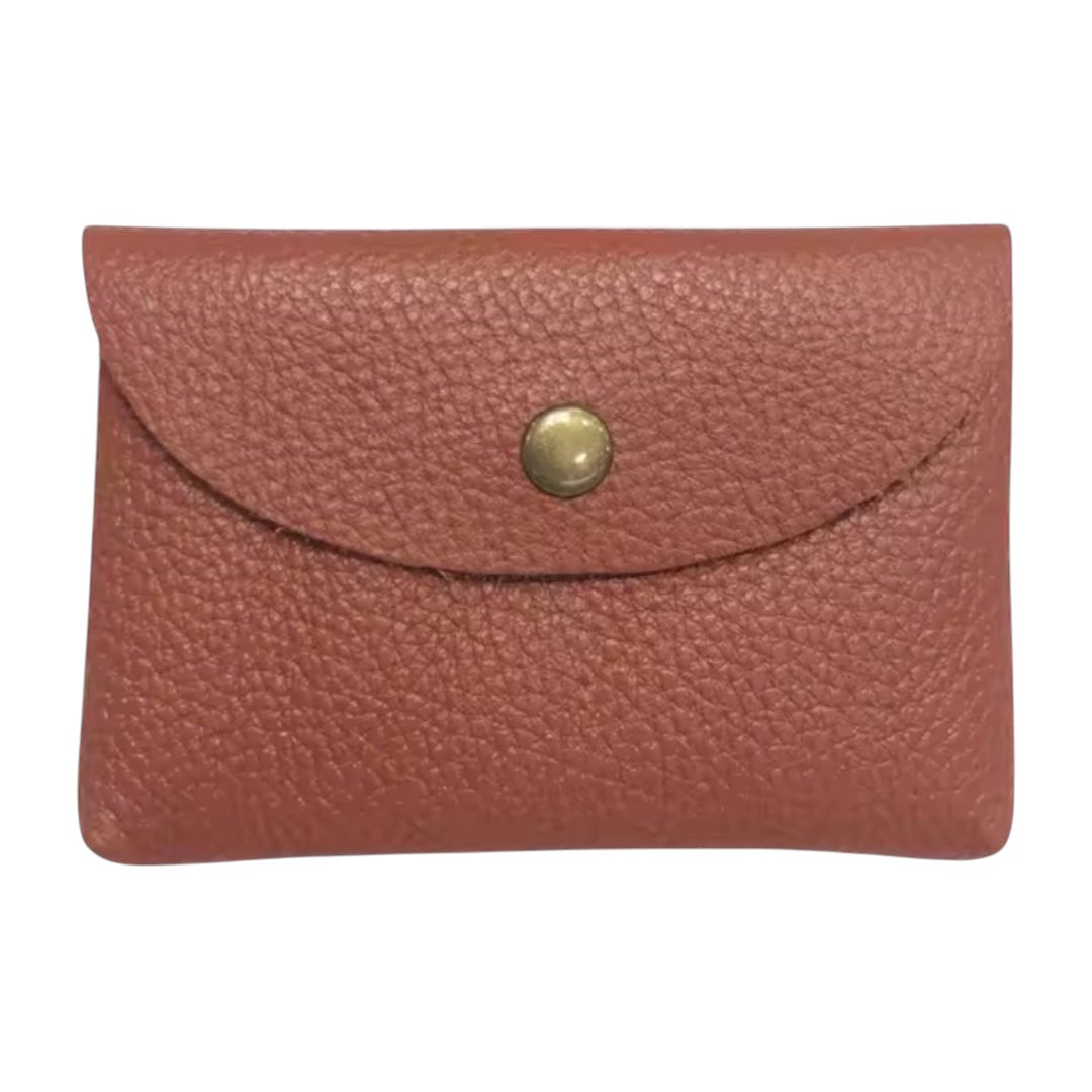 Lala Collection compact brown genuine leather card holder with a gold-tone snap button closure