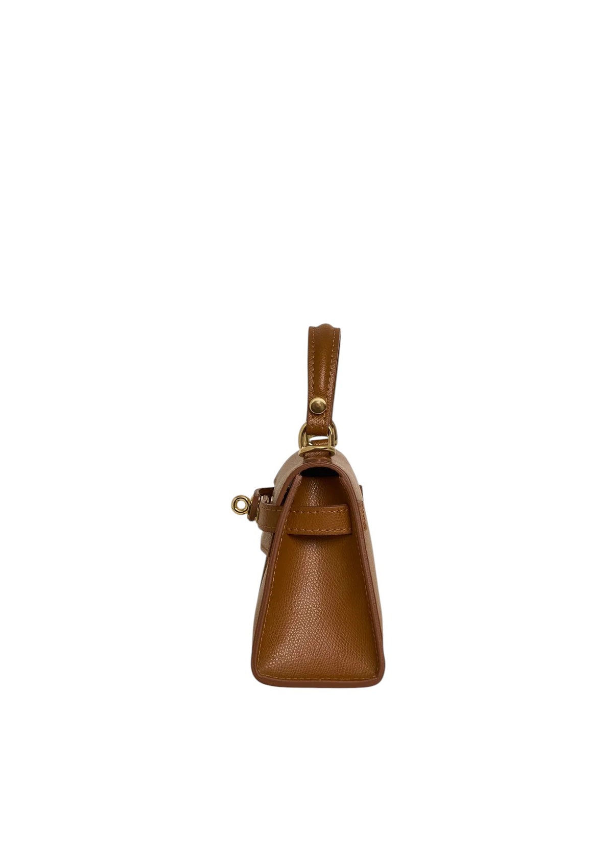 Lala Collection Lulù Bag Mini in brown Epsom calf leather with gold-tone hardware, side profile view.