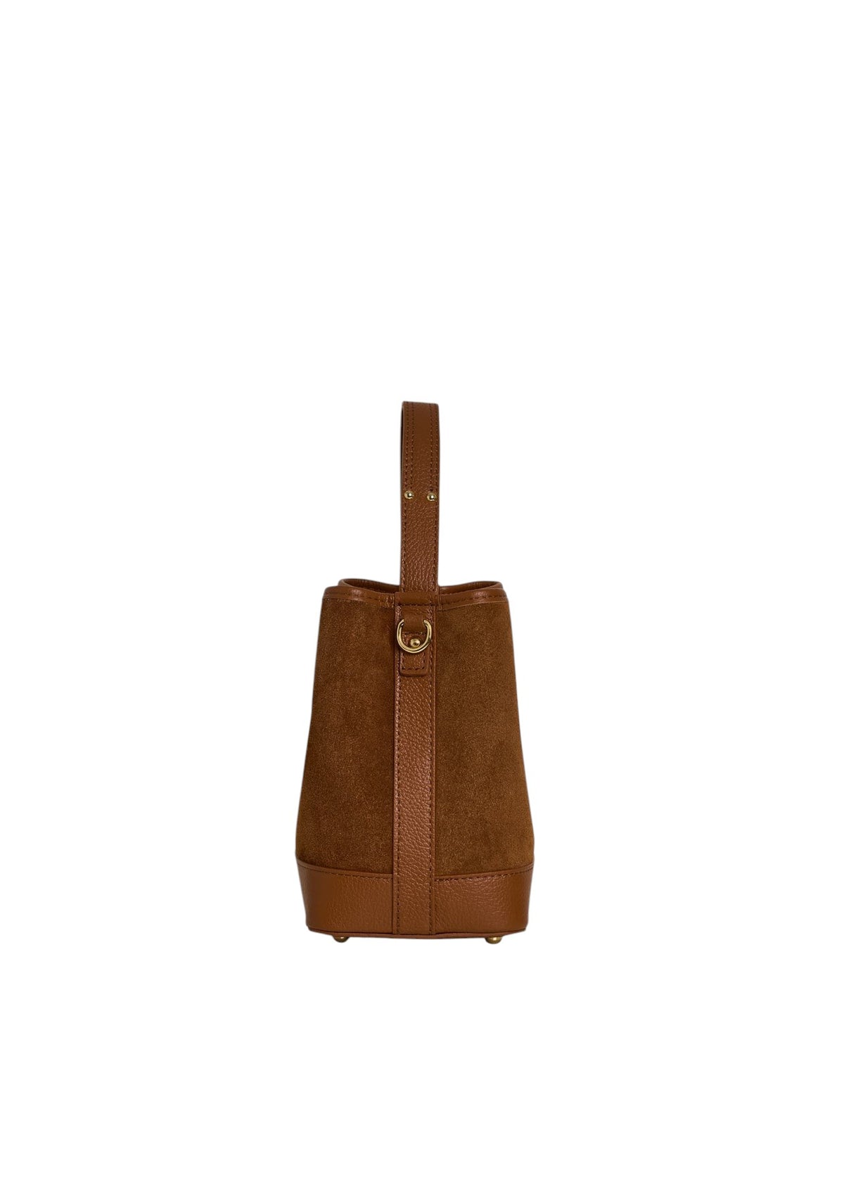 Lala Collection brown suede bucket bag with smooth leather handle and base, side view on white background.