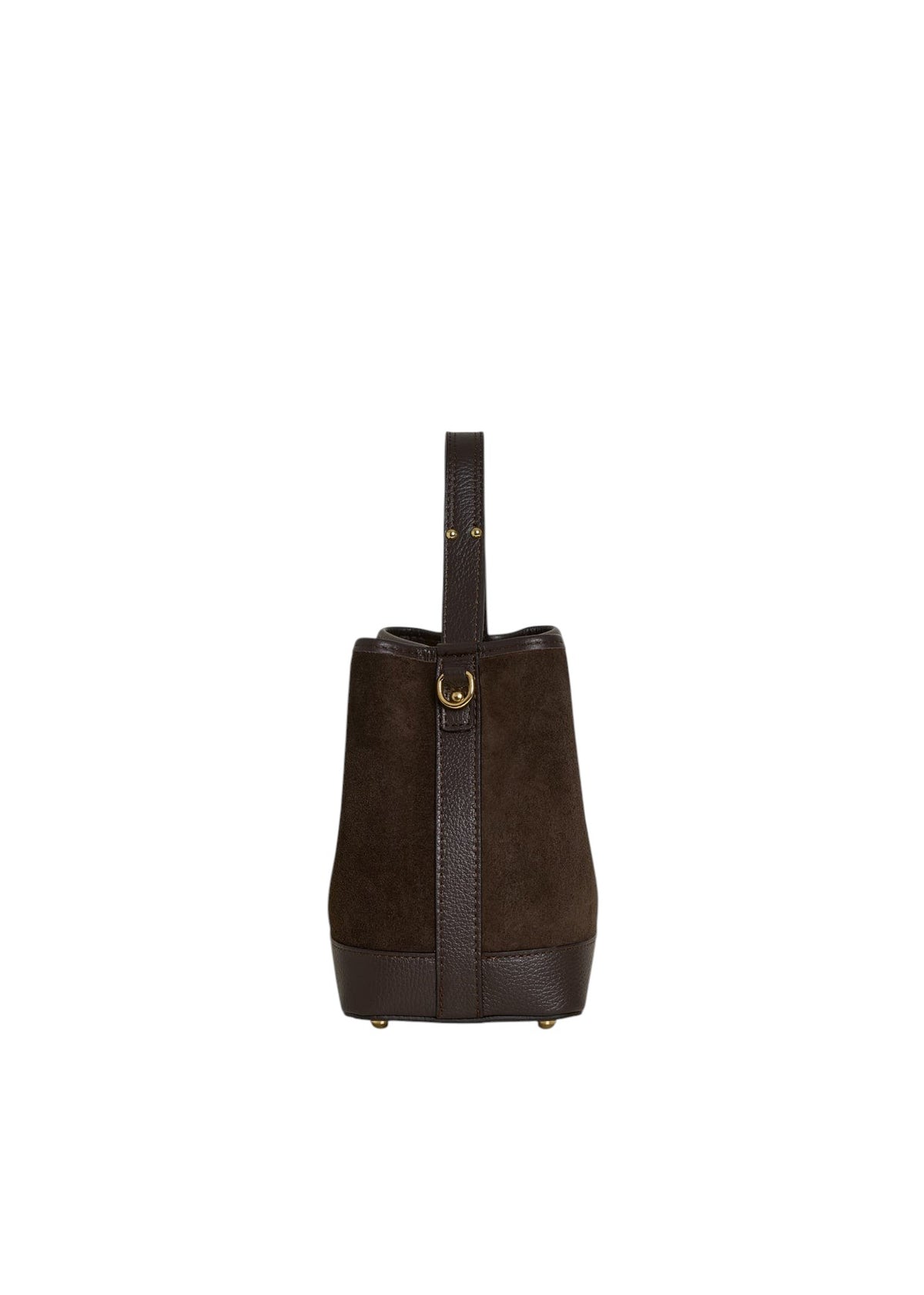 Lala Collection dark brown suede and smooth leather handbag with a structured base and top handle, side view.