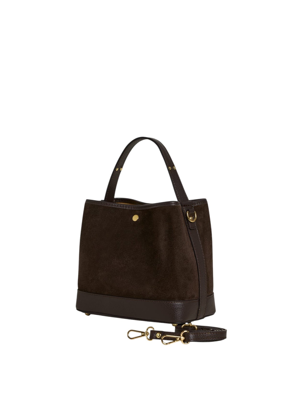 Lala Collection dark brown suede handbag with smooth leather trim, short handle, and detachable shoulder strap.