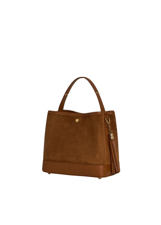 Lala Collection brown suede handbag with smooth leather base, short handle, and decorative tassel detail.