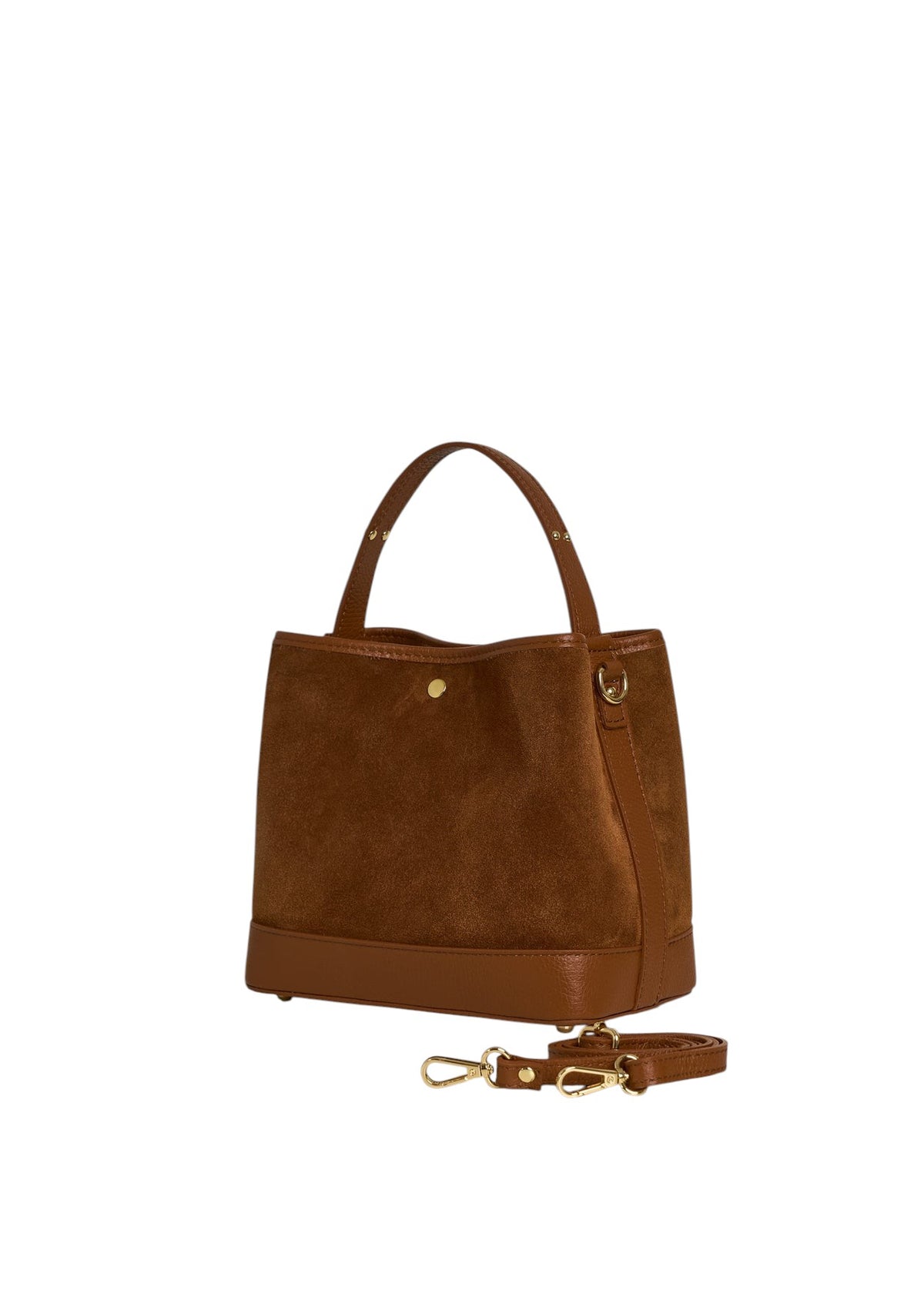 Lala Collection brown suede handbag with smooth leather base, top handle, and detachable adjustable shoulder strap.