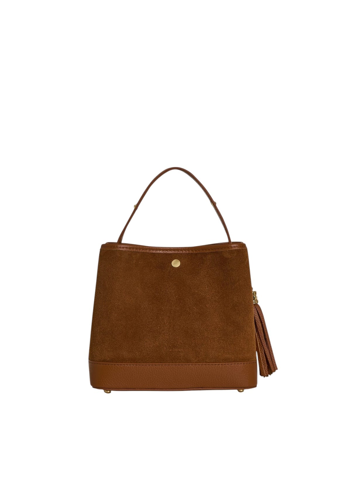 Lala Collection brown suede handbag with smooth leather base, top handle, and tassel detail on a white background.