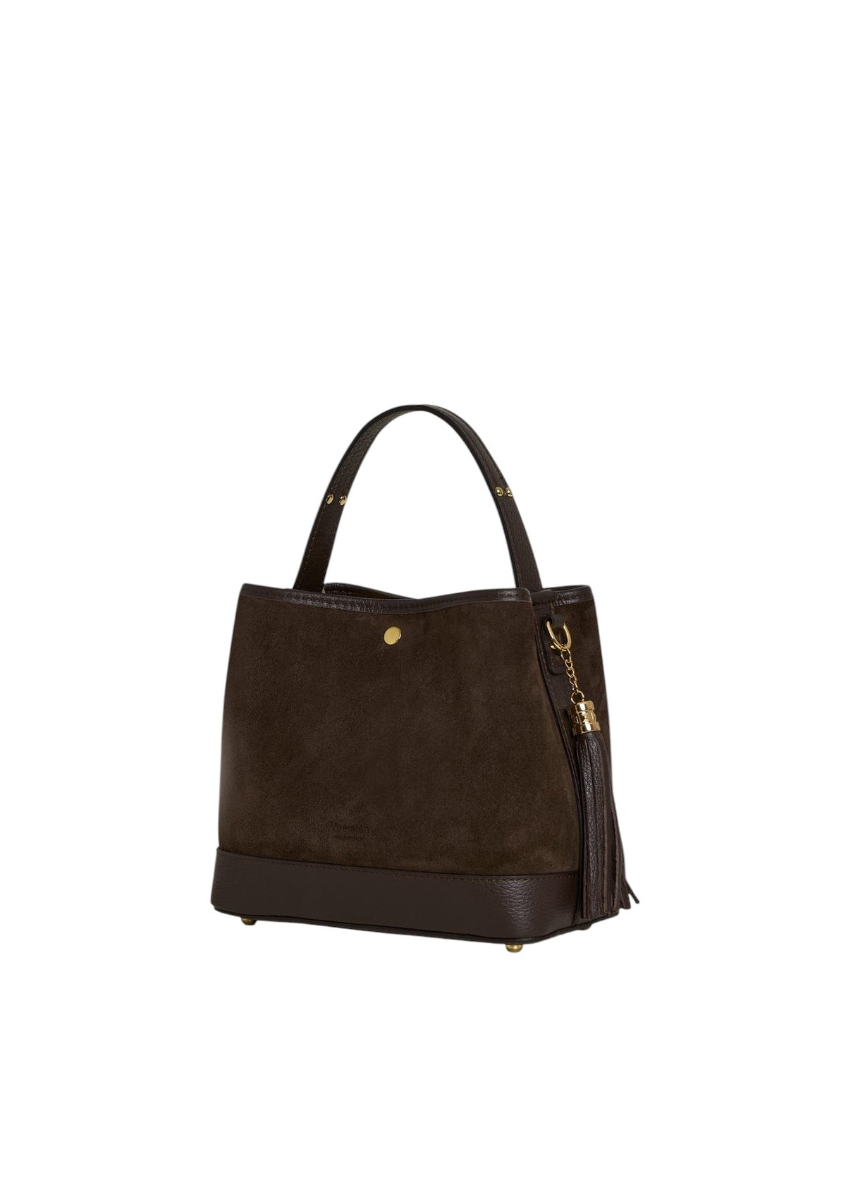 Lala Collection brown suede leather handbag with smooth leather trim, top handle, and elegant tassel detail.