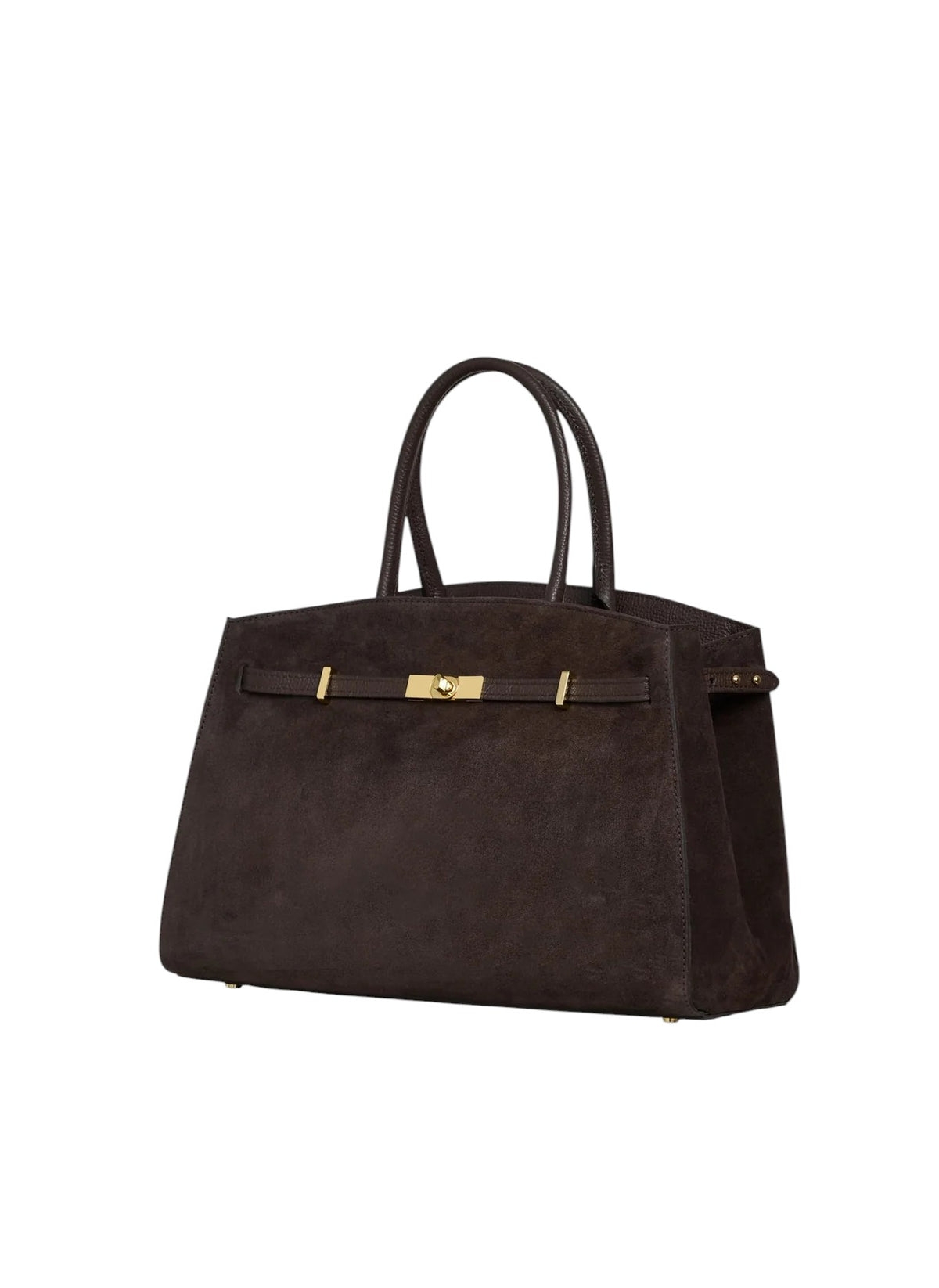 Lala Collection dark brown suede leather tote bag with gold hardware and top handles, side view