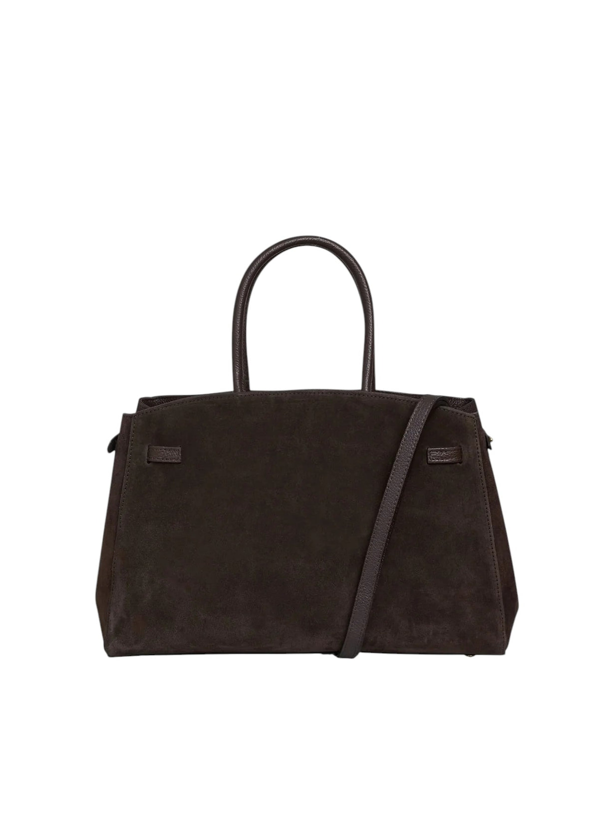 Lala Collection dark brown suede leather tote bag with gold hardware and adjustable shoulder strap