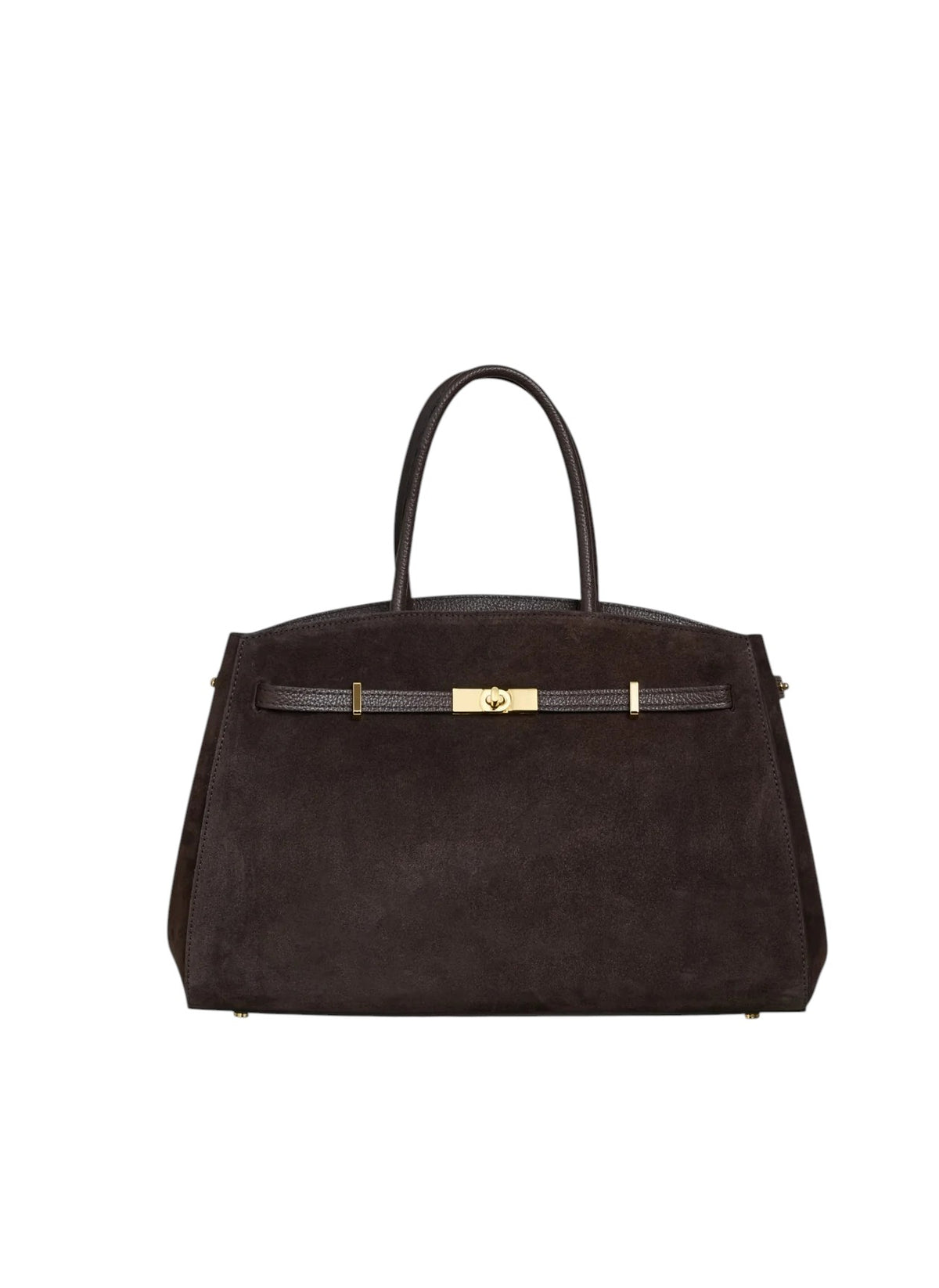 Lala Collection dark brown suede leather tote bag with gold hardware and adjustable strap