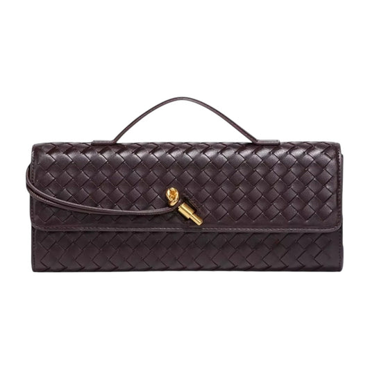 Lala Collection dark brown vegan leather baguette bag with hand-woven texture and gold knot hardware detail.