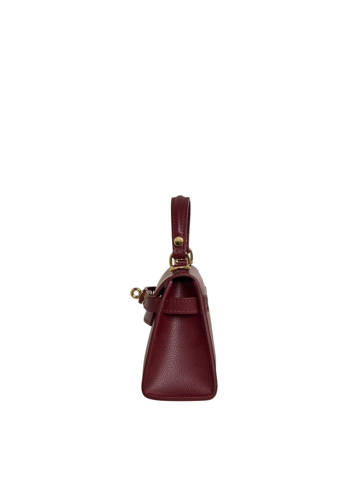 Lala Collection Lulù Bag Mini in burgundy Epsom calf leather with gold-tone hardware, side view.