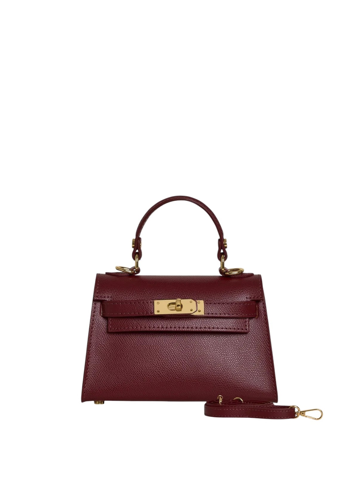 Lala Collection burgundy mini leather handbag with gold hardware, top handle, and adjustable shoulder strap.