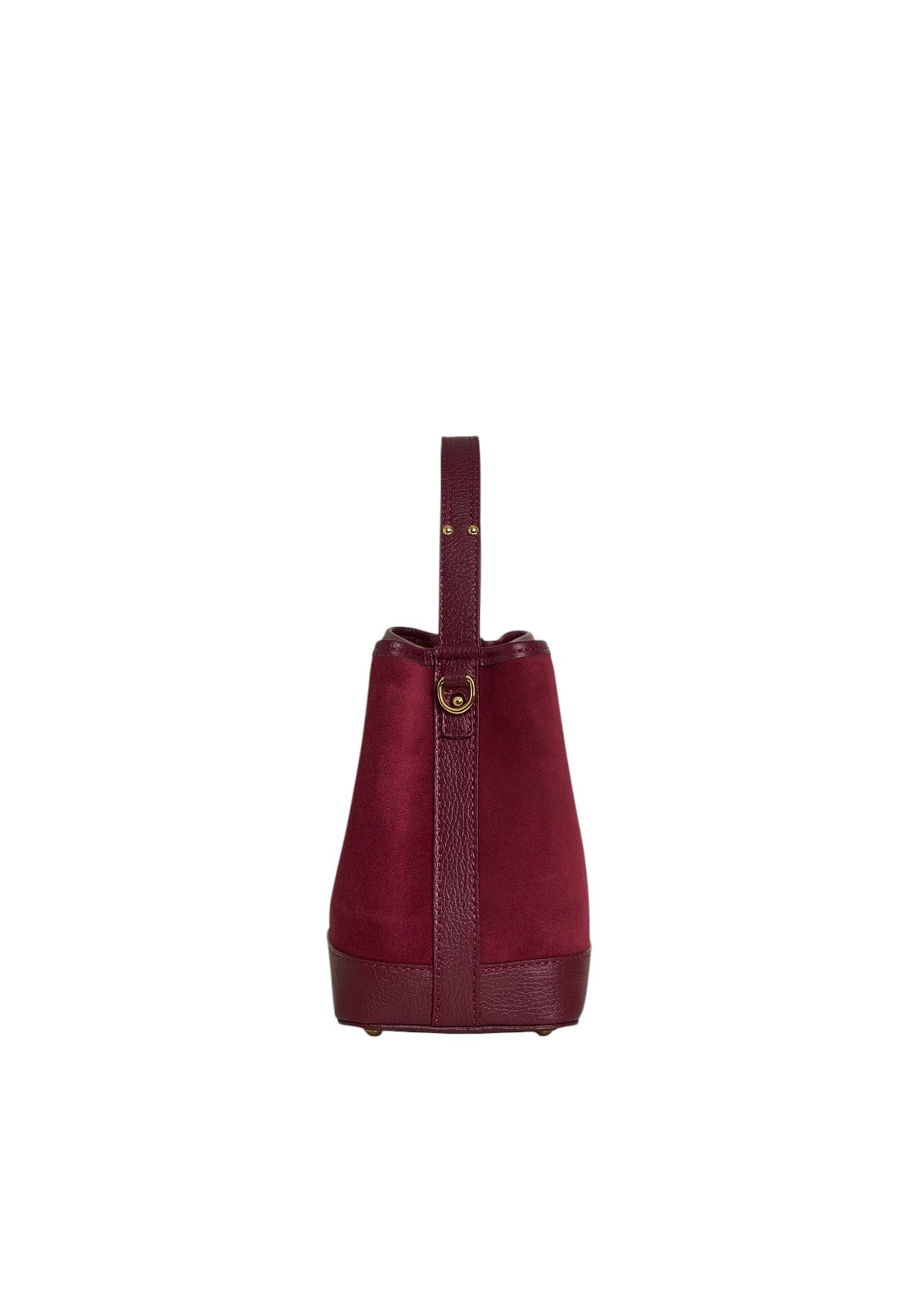 Lala Collection burgundy suede leather handbag with smooth leather handle and structured base, side view.