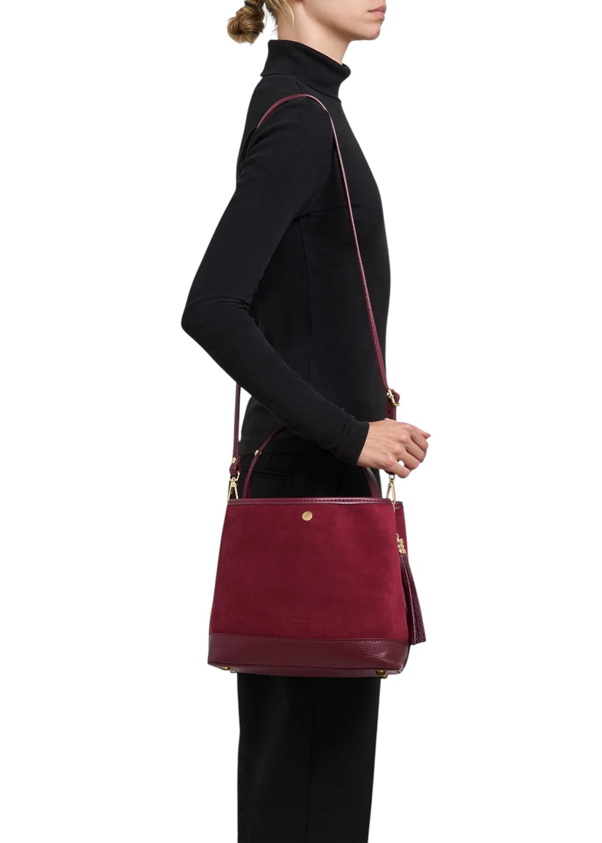 Lala Collection SOFI burgundy suede leather handbag with adjustable shoulder strap worn by a model