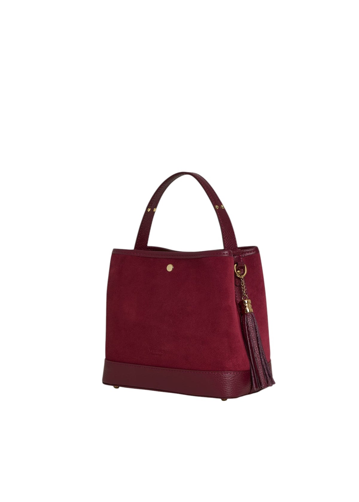 Lala Collection burgundy suede handbag with smooth leather trim, short handle, and decorative tassel detail.