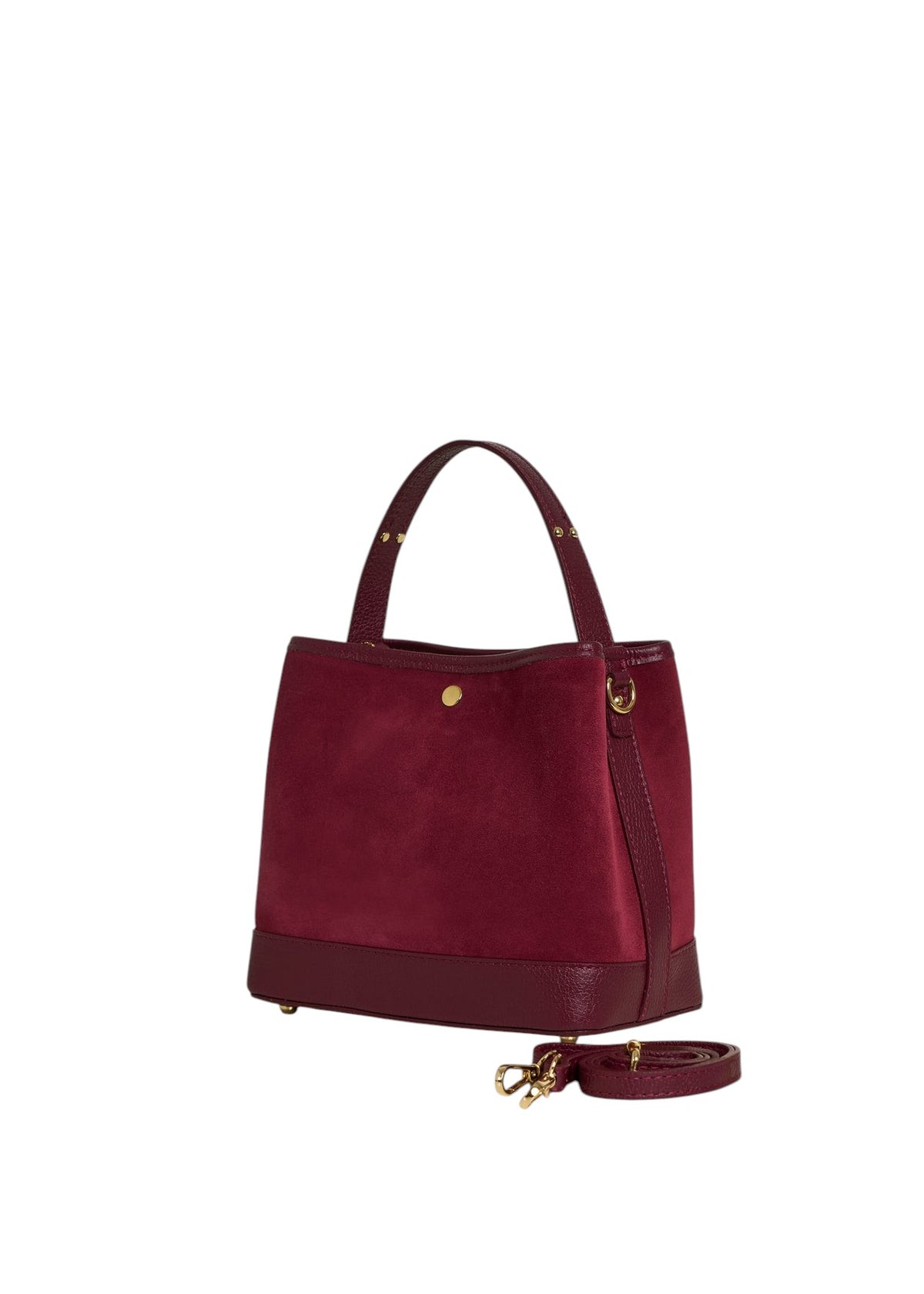 Lala Collection burgundy suede handbag with smooth leather trim, short handle, and detachable shoulder strap.