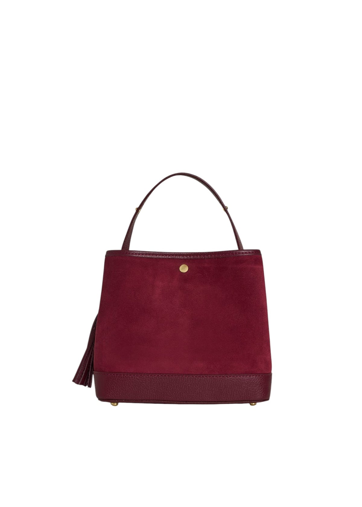 Lala Collection SOFI burgundy suede handbag with a smooth leather base, top handle, and gold hardware.
