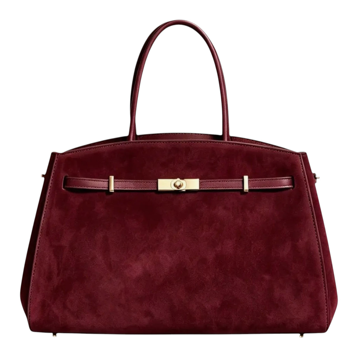 Lala Collection burgundy suede leather tote bag with gold hardware and top handles, handcrafted in Italy.