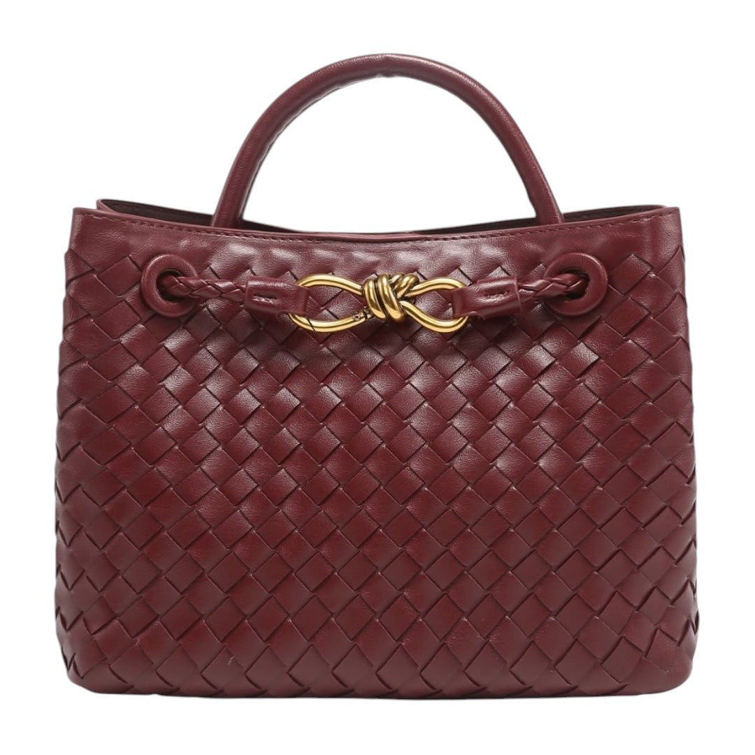 Lala Collection burgundy vegan leather handbag with hand-woven texture and gold hardware detail