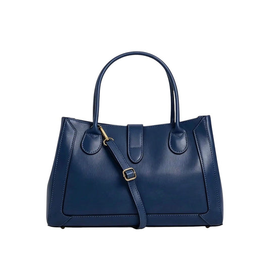 Borsa tote Lala Collection Gilda in vera pelle spazzolata blu con manici rigidi e dettagli in metallo dorato